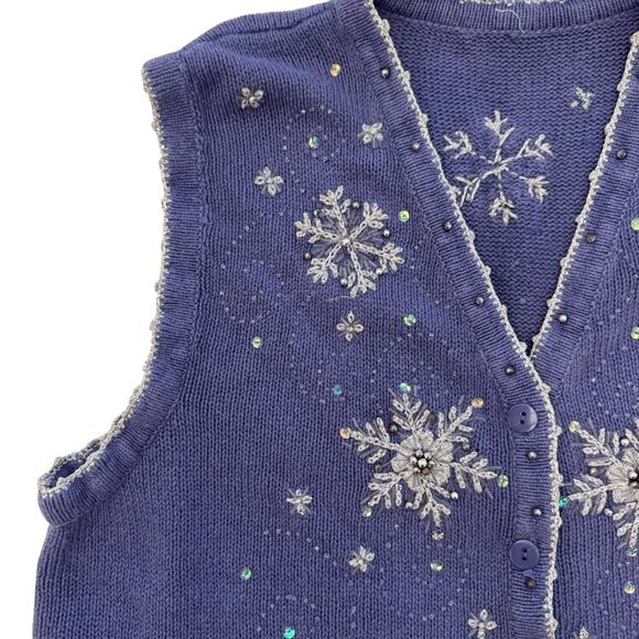 Vintage 90s Snowflake Beaded Knit Vest, Purple Holiday Christmas Sweater Vest - Picture 4 of 6